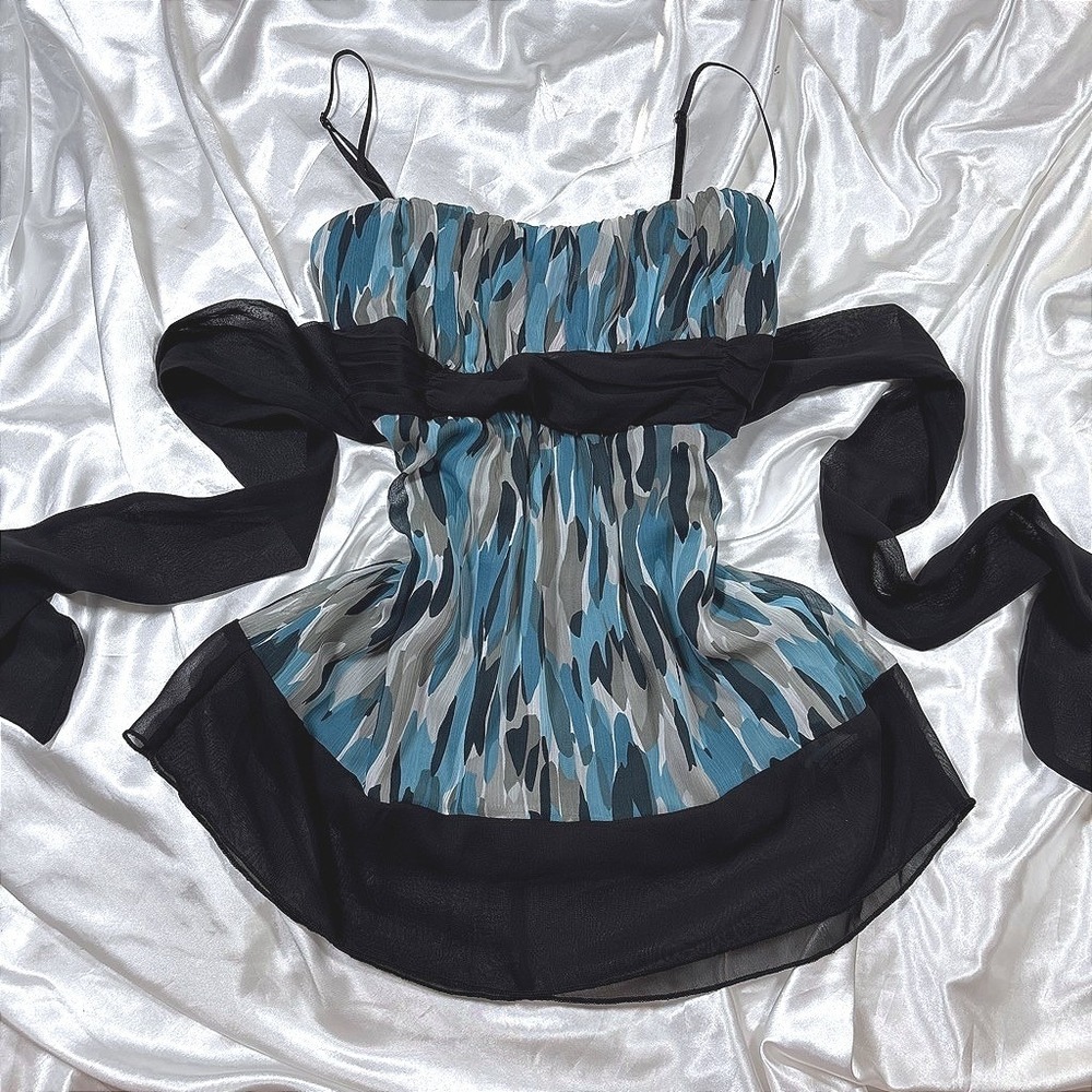 y2k Camisole Blue Like New Abstract Print Empire Waist Tie Back Cami Top